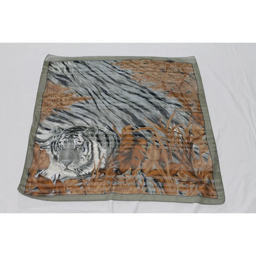 Tiger Sheer Square Scarf Jungle Animal Print Gray Brown Green 30x30 Chiffon